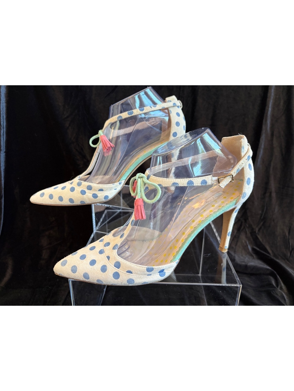 Boden Cream Polka Dot Pointed Toe Heels with Blue Dots and Pink Tassels